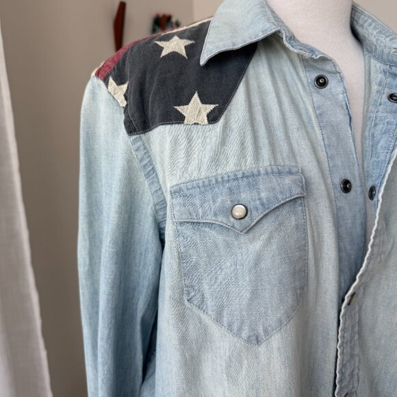 Polo Pearl Snap Denim Shirt with Flag Details Medium M - Picture 2 of 12